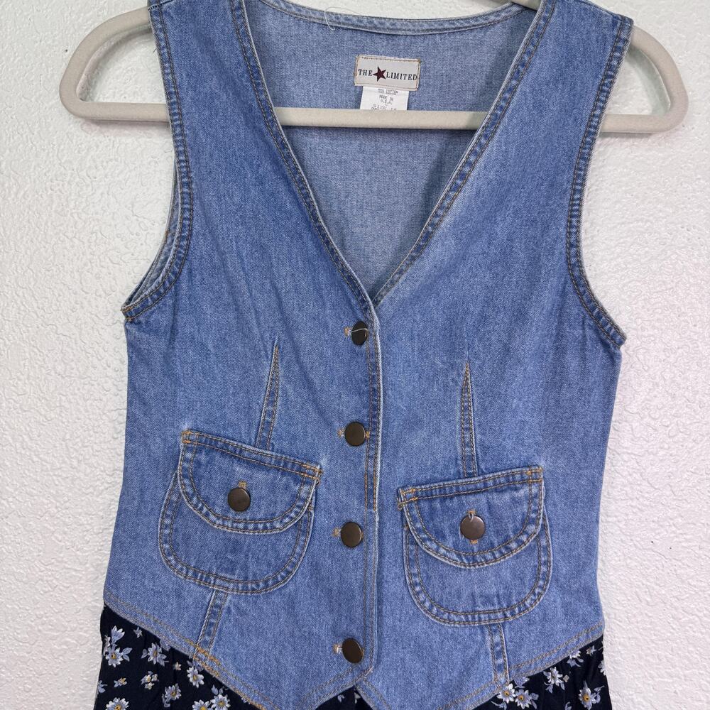 Vintage The Limited Romper Juniors 14 Blue Denim Daisy Floral USA 90s Retro - Picture 4 of 12